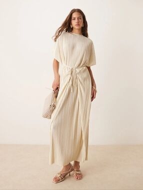 Cream Pleated Drawstring Waist Women’s Dress